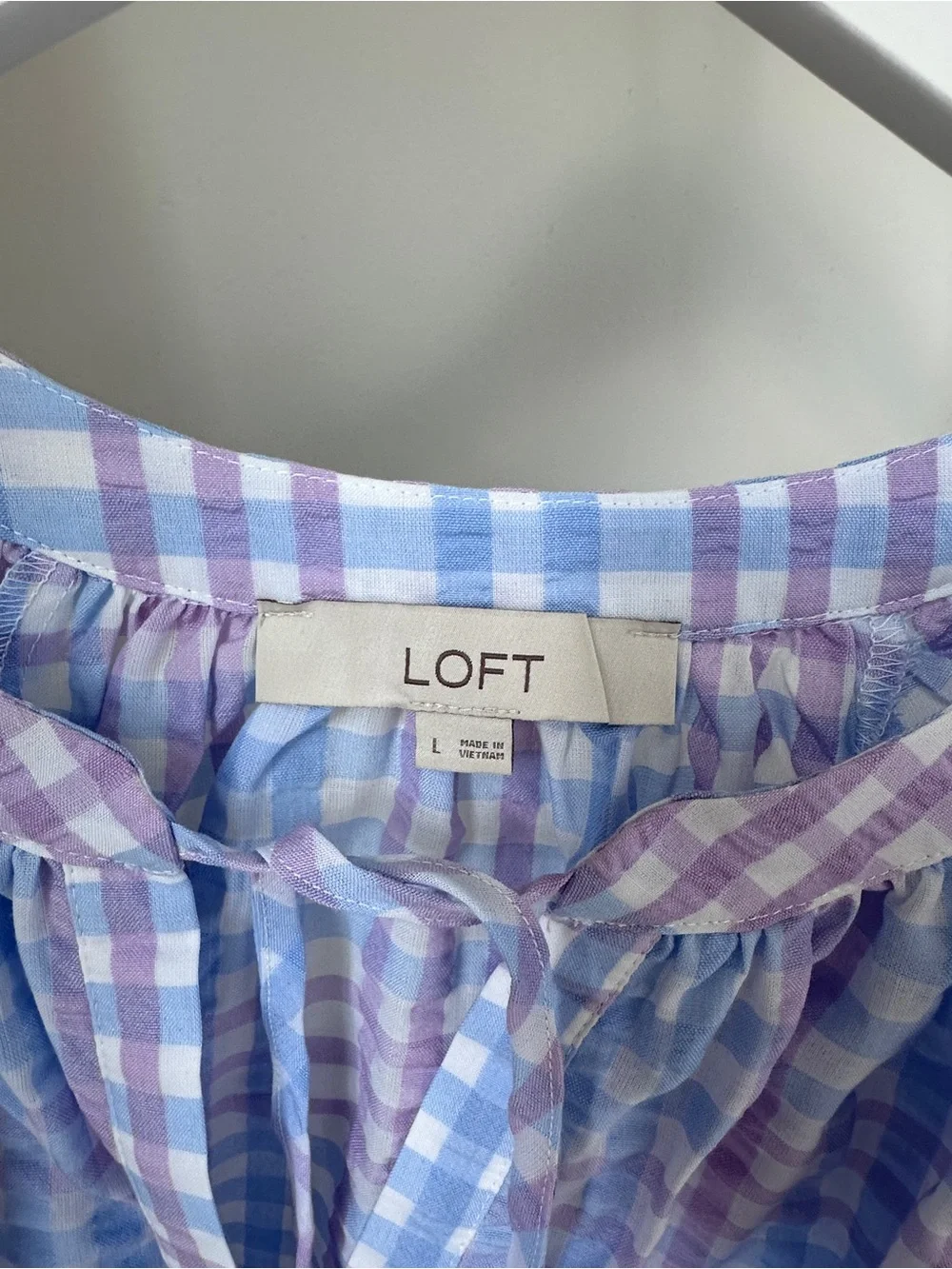 LOFT Lavender & Light Blue Gingham Puff-Sleeve Peasant Blouse Size Large